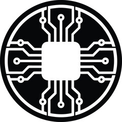 Black and white stylized icon of a microchip or integrated circuit within a circular frame. Geometric, tech-inspired design ideal for electronics, computing, or digital interface visuals.