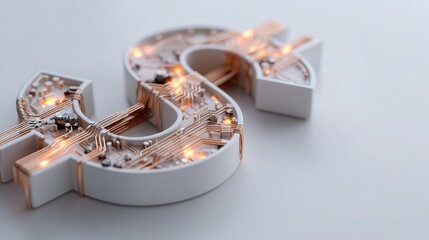 A glowing dollar sign circuit in a white void, representing digital finance and technology, design for modern concepts