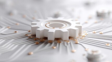 gear icon with circuit path in a white void, representing business technology efficiency and streamlined innovation
