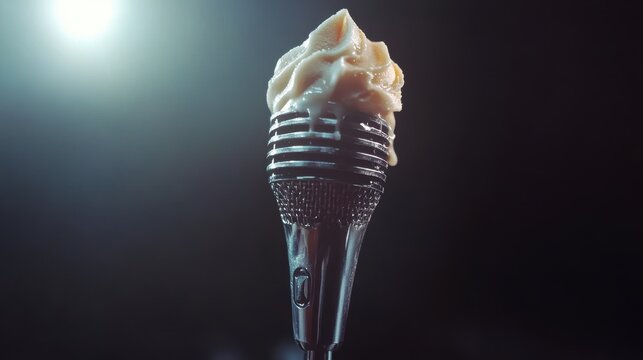 Nervous ice cream cone melts under the spotlight while speaking into a silver microphone, creating dramatic tension and vibrant emotions