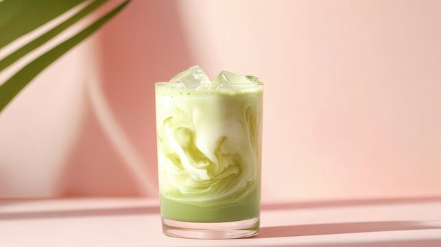 Experience the refreshing delight of an iced matcha latte with a mesmerizing milk swirl on a vibrant pastel background