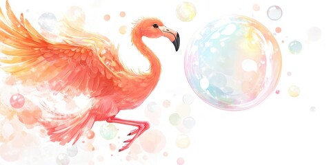 Obraz premium Watercolor flamingo playfully interacting with floating iridescent bubble in dreamy pastel background