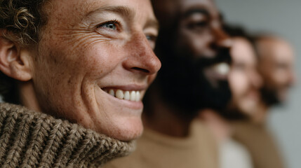 Smiling faces in a diverse group. Each face, distinct and unique, contributes to the collective warmth and beauty of human connection and togetherness.