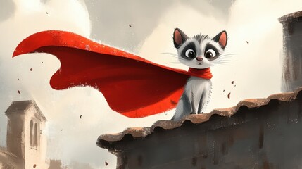Cartoon raccoon hero with red cape sitting on rooftop gazing into windy dramatic sky