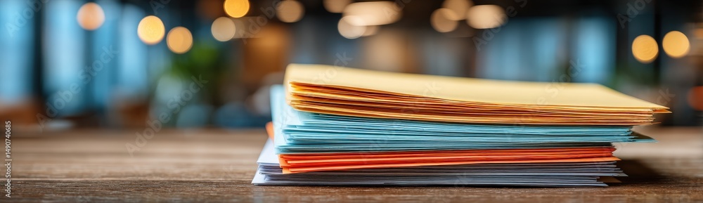 Poster digitization process ,a stack of colorful documents and files sits on a desk in a modern office sett