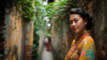 Half Body Portrait of an Asian Woman in Traditional Burmese Attire in a Lush Urban Alleyway