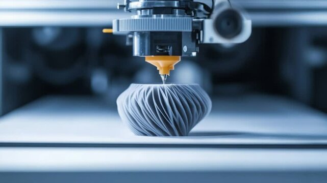 3D Printer in Action: Close-up view of a 3D printer meticulously crafting a grey, textured vase, showcasing the advanced technology and precision of additive manufacturing.
