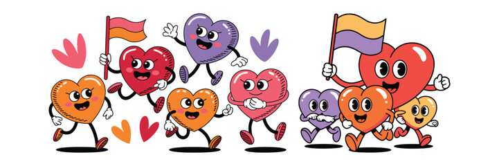 Red and yellow balloon with cute cartoon hearts and love symbols for Valentine’s Day