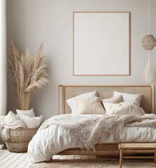 Boho bedroom serenity aesthetic interior design inspiration featuring light grey walls and natural textures modern lifestyle cozy atmosphere warm lighting