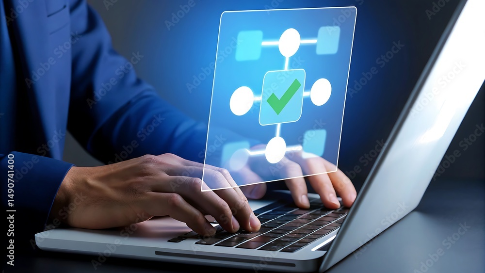 Poster businessperson using laptop with digital flowchart showing process approval and verification