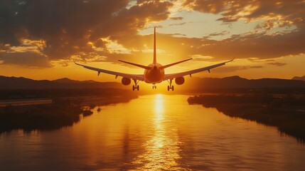 Fototapeta premium Airplane landing sunset river mountains travel