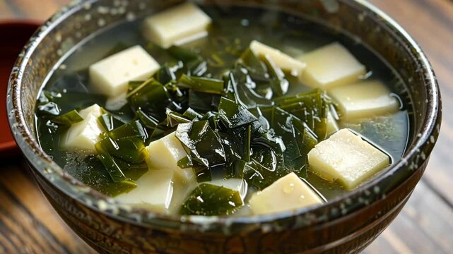 traditional miso soup with tofu and seaweed