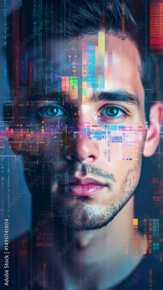 Poster portrait of man face, ai deepfake recognition technology with facial distortion effect, algoritma an