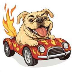Obraz premium Excited cartoon bulldog driving fiery red race car with huge smile and flame design in a racing adventure 