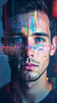 Portrait of man face, AI deepfake recognition technology with facial distortion effect, algoritma and data code background, AI and human collaboration concept. 4K seamless loop videos.