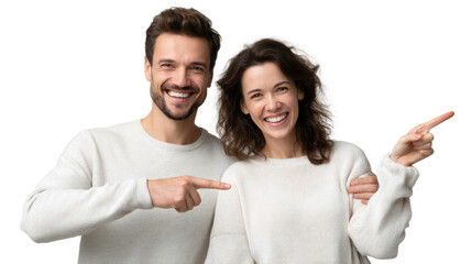 A man and woman are smiling and pointing to the right