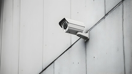 Security camera mounted on a white wall angled towards the viewer.