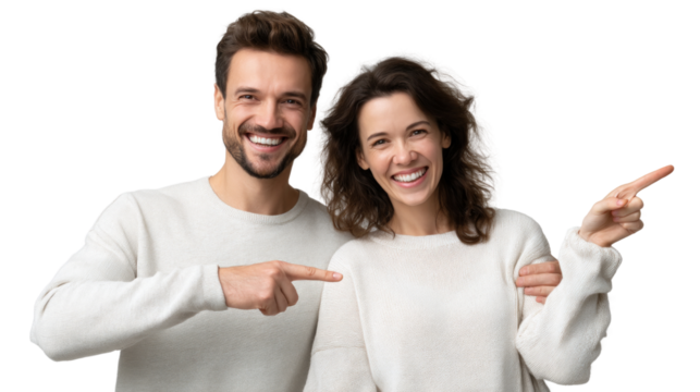 A man and woman are smiling and pointing to the right - Powered by Adobe
