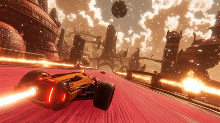 Futuristic race car speeding on a red track in a science fiction landscape with alien architecture and a bright, cloudy sky. Concept for speed, technology, and futuristic competition.