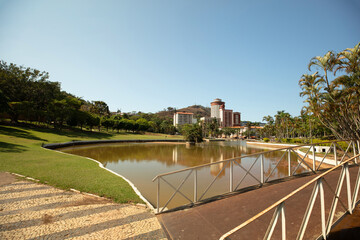 Aguas de Lindoia waters with view of lake and buildings in city park in Minas Gerais, Brazil