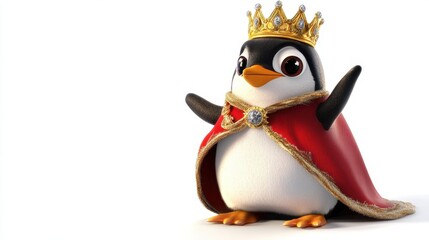 A royal cartoon penguin proudly wearing a golden crown and red royal cape standing tall