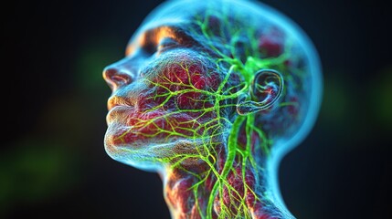Head lymphatic system, 3D render, medical illustration, dark background, healthcare