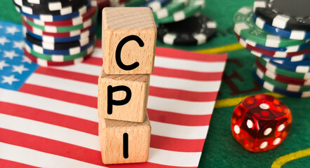 CPI, consumer price index concept. Wooden block with the words CPI . Goods price inflation and inflation rising. Impact on economic growth with relate.