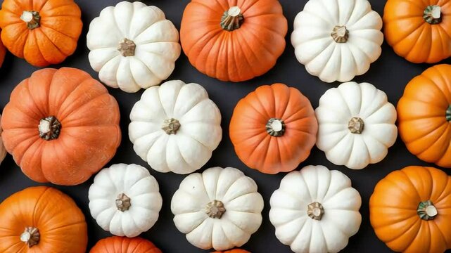 Orange and white mini pumpkins arranged on a dark background, creating a festive autumnal pattern