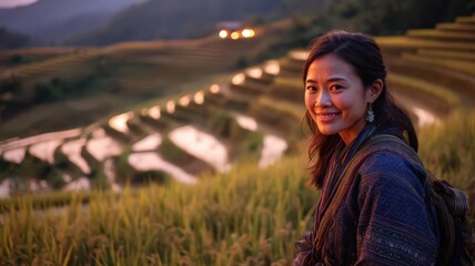 Half Body Portrait of an Asian Woman in Traditional Lao Attire Enjoying the Sunset Over Terraced Fields