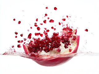 Pomegranate splash with floating seeds in water
