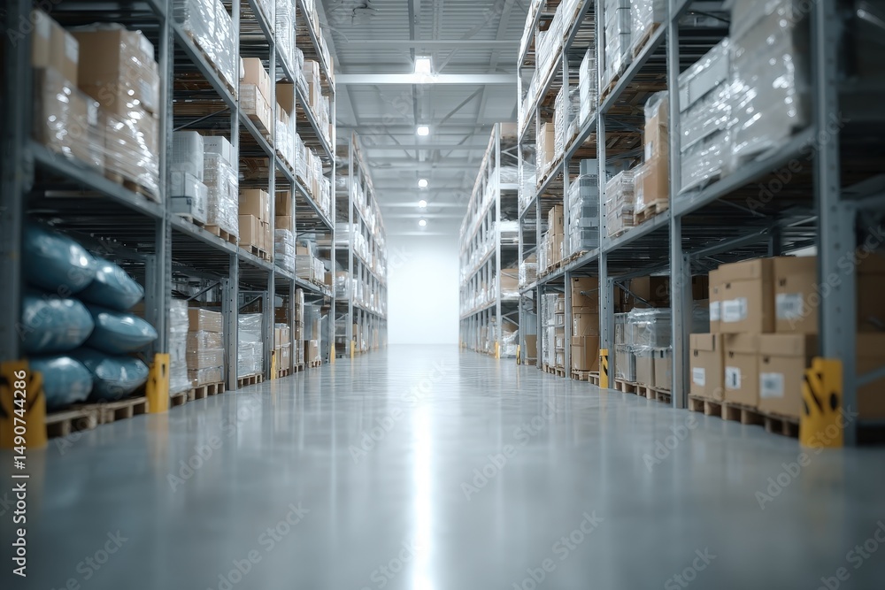 Poster digitization process ,spacious warehouse aisle with shelves stacked with boxes and inventory, illumi