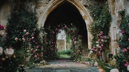 Fototapeta premium Mysterious floral hallway lined with roses and ivy inside abandoned gothic stone ruin garden