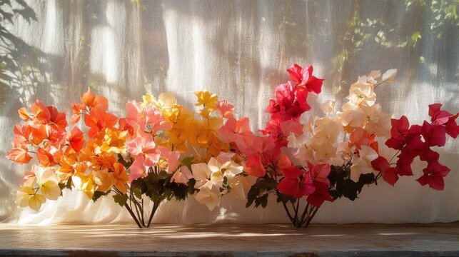 A vibrant arrangement of  artificial flowers in a sunlit window setting.