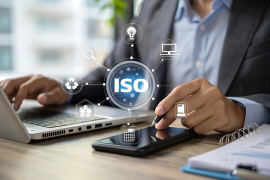 ISO certification and quality management concept. Business professional reviewing ISO certification standards with digital icons representing quality control, management, and compliance processes.