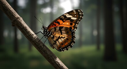 Obraz premium Forest Butterfly: A Close-Up of a Monarch-like Butterfly on a Branch
