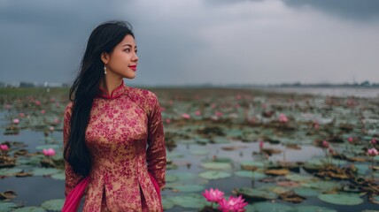 Half Body Portrait of an Asian Woman in Traditional Vietnamese Ao Dai Surrounded by Lotus Flowers
