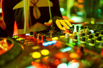 A DJ's hand adjusting knobs on a mixing console with colorful lights in a vibrant club setting,...