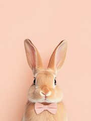 Obraz premium Adorable rabbit with a pink bow tie against a peach background, showcasing cute elegance and charm.