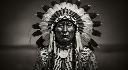 Obraz premium Stoic Native American Chief with Elaborate Feather Headdress and Beaded Attire