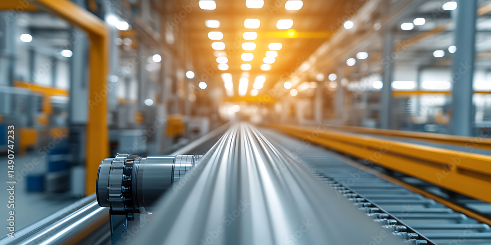 Poster industrial metal rollers move along a conveyor belt, ready for processing and manufacturing in an au