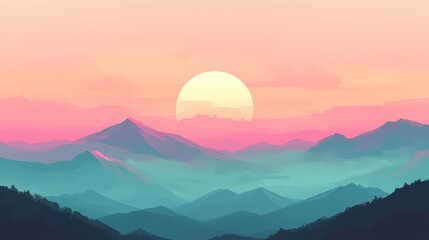 A digital landscape painting of mountains with a sun setting behind them in pink and blue hues