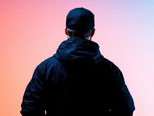 Person in a black jacket and cap stands against a vibrant gradient background, facing away from the camera.