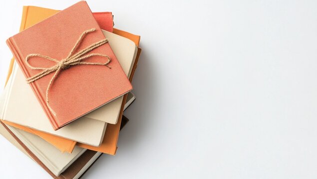 Stack of books with twine bow, and white background.