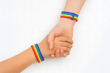 Two Hands Holding with Rainbow Pride Bracelets
