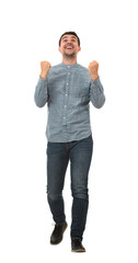 Full length portrait of an excited young businessman holding his fists up tight and celebrates like...