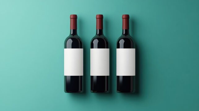 Three wine bottles with blank labels on a teal background, perfect for branding and design concepts.