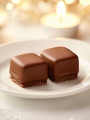 Obraz premium Two elegant chocolate truffles on a white plate with a warm, candlelit ambiance.