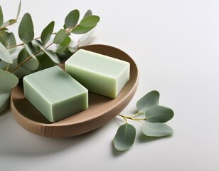 Handmade eucalyptus soaps with eucalyptus leaves  on white table with copy space..Generated image