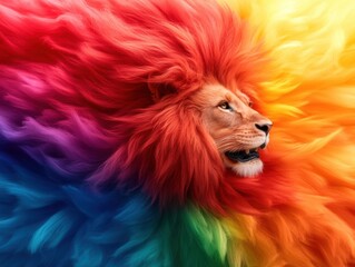 Vibrant lion with rainbow-colored mane blending into a colorful background for a striking visual effect.