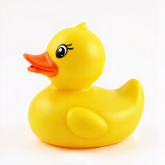 Cute yellow rubber duck toy with an orange beak and big eyes, placed on a white background, commonly used for baby baths or playtime.